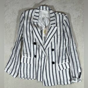 NWT a loves a 100% Linen Medium Classic Chalk Stripe Double Breasted Blazer S4